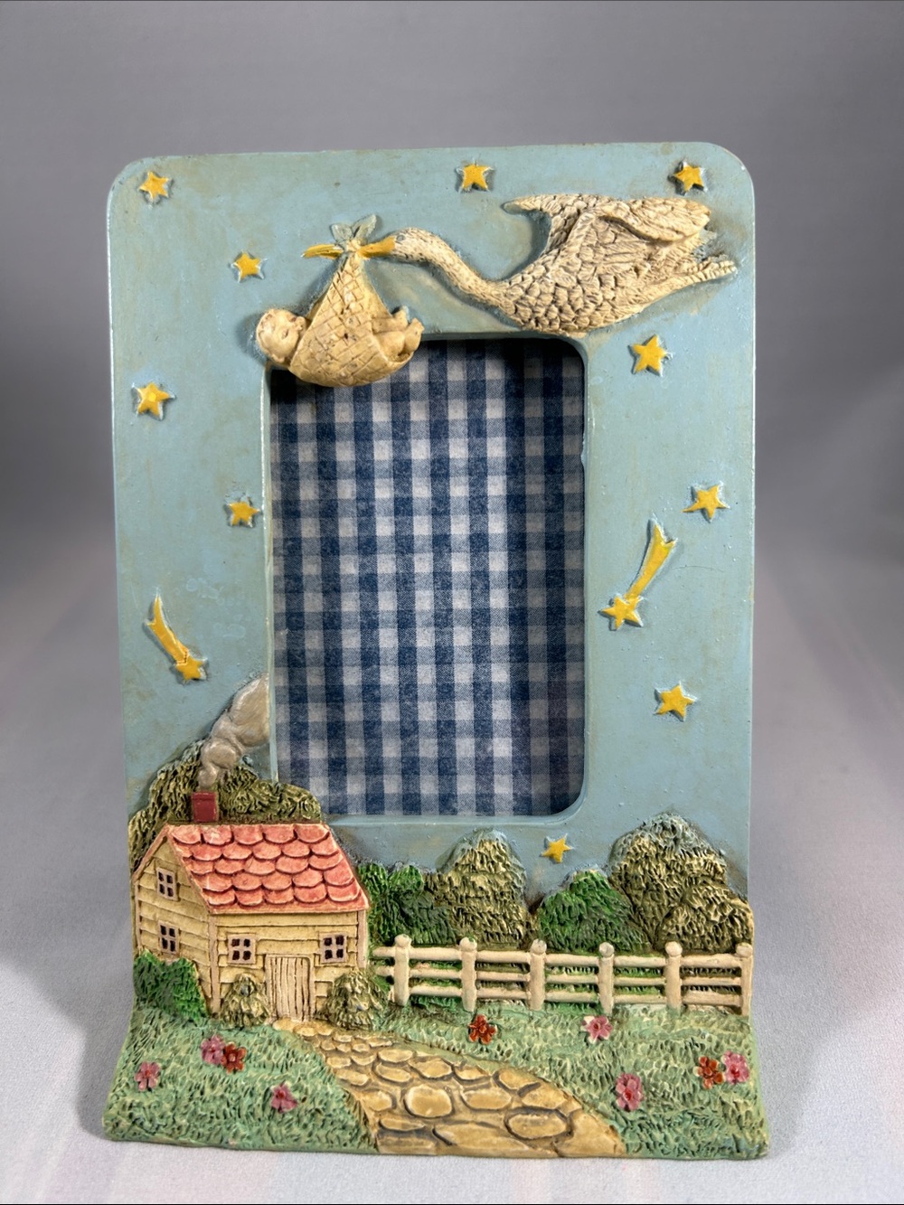 Hand-Painted Blue Nursery Photo Frame with Stork and Cottage 3” x 4” photo